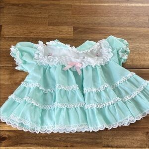 Vintage Baby Girl Mint Green Ruffled Dress with White Lace and Pink Bow